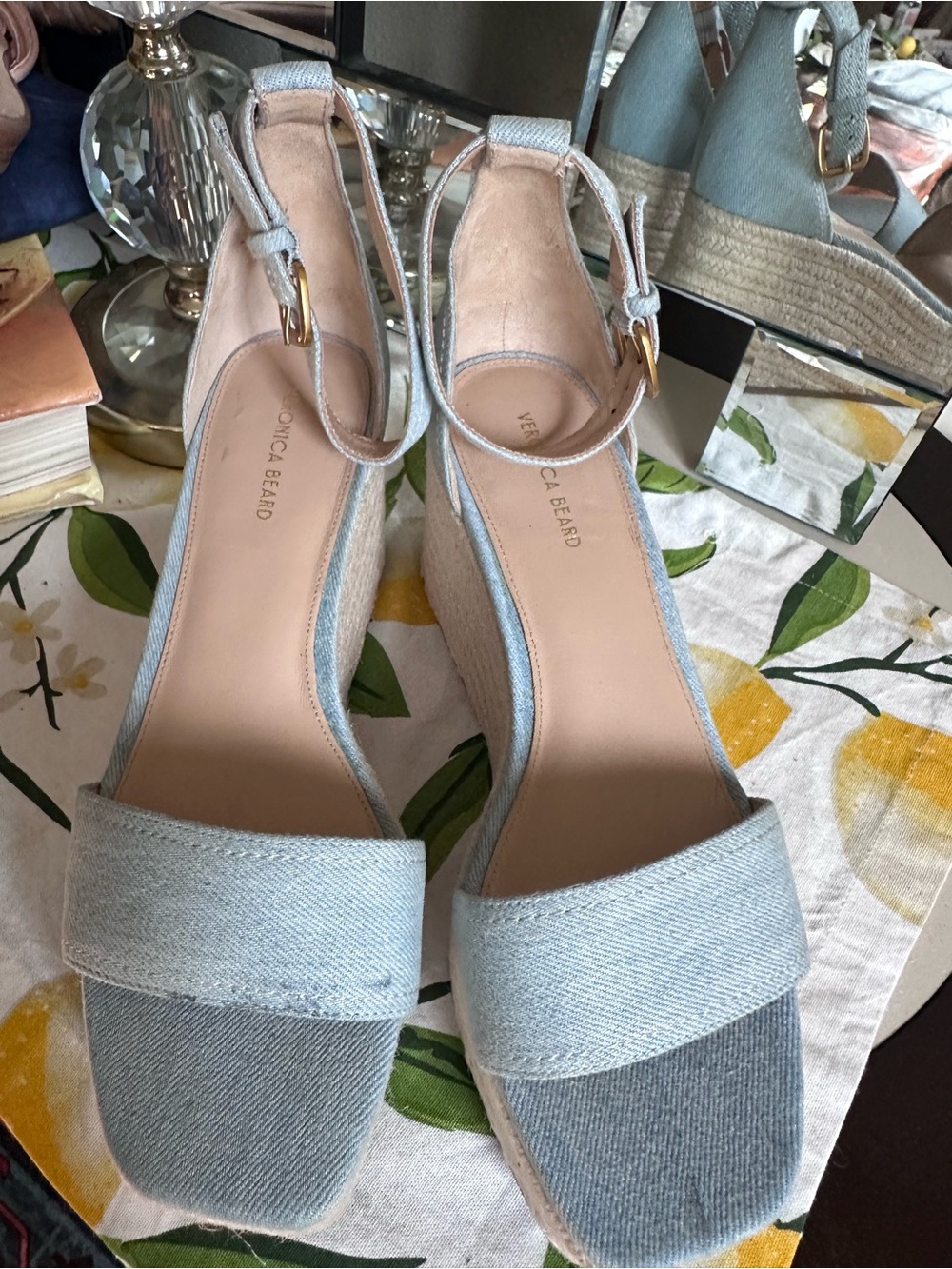 Veronica Beard Light Blue Denim Espadrille Wedge Sandals